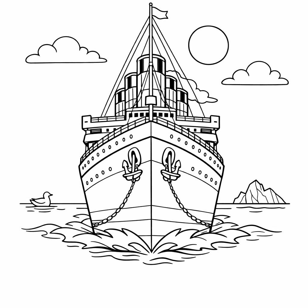 Free printable coloring page: Titanic Sinking Into Ocean, for ages 7-12