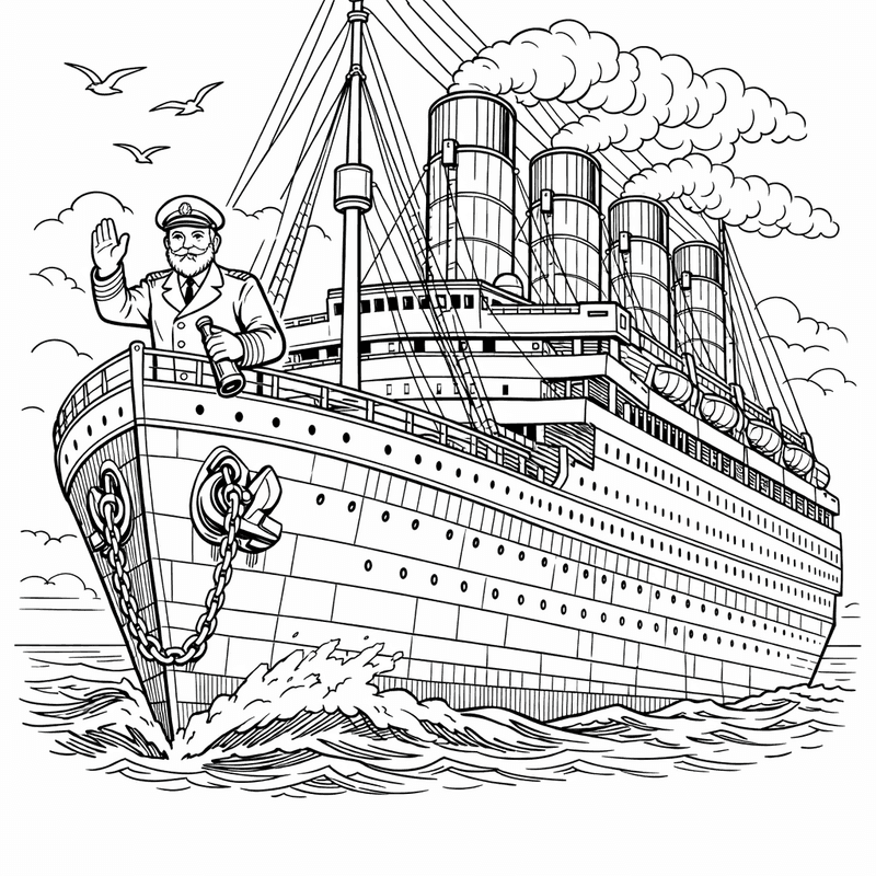 Free printable coloring page: Passengers Painting A Giant Mural On Titanic's Side., for ages 7-12