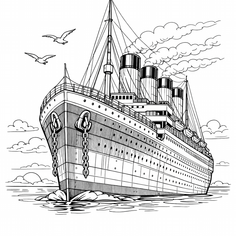 Free printable coloring page: A Giant Octopus Playfully Wrapping Tentacles Around Titanic's…, for ages 7-12