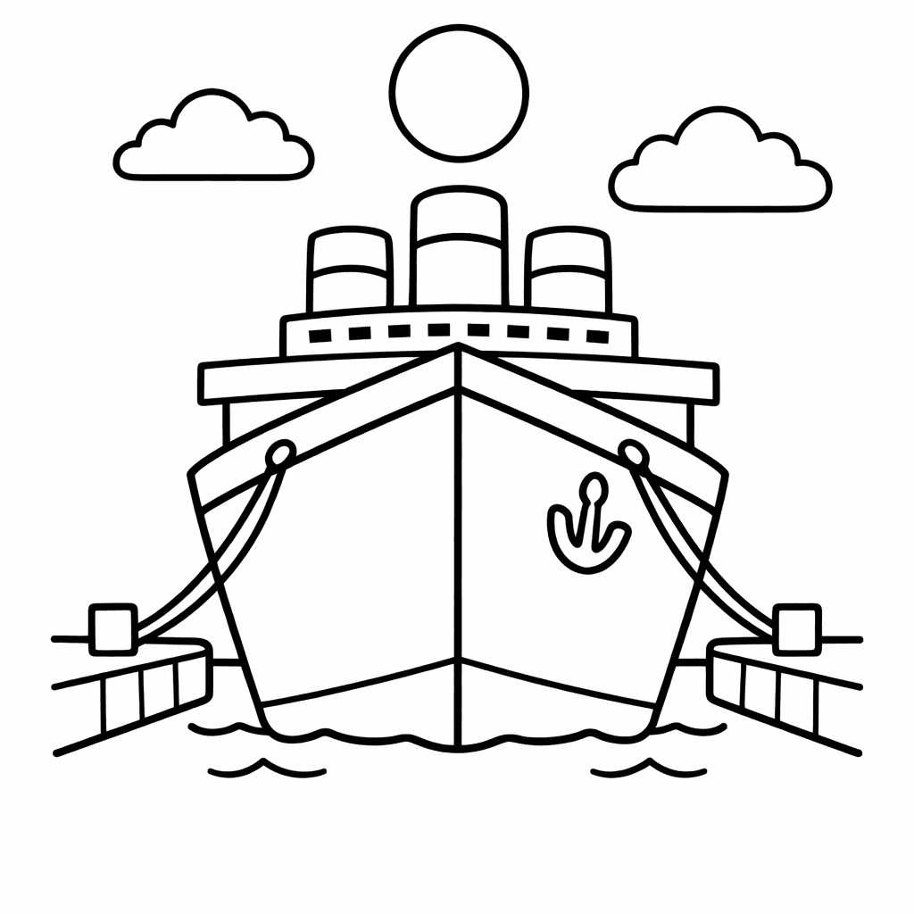 Free printable coloring page: Titanic Next To A Tall Lighthouse, With Coast…, for ages 3-6