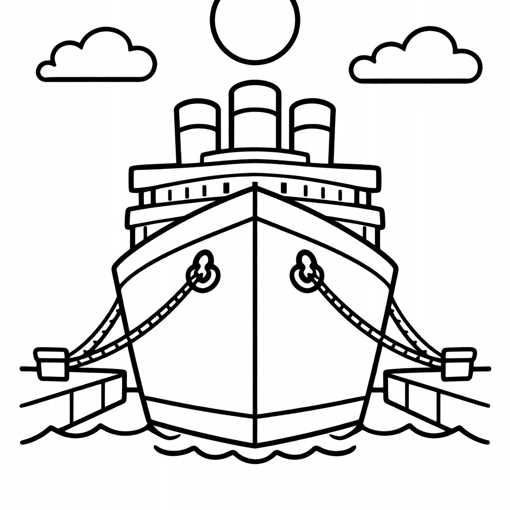Titanic Coloring Page — Titanic Side View With Four Funnels