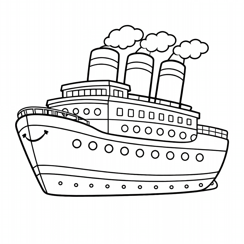 Free printable coloring page: Titanic's Iconic Smokestacks Emitting Big Puffs Of Smoke., for ages 3-6