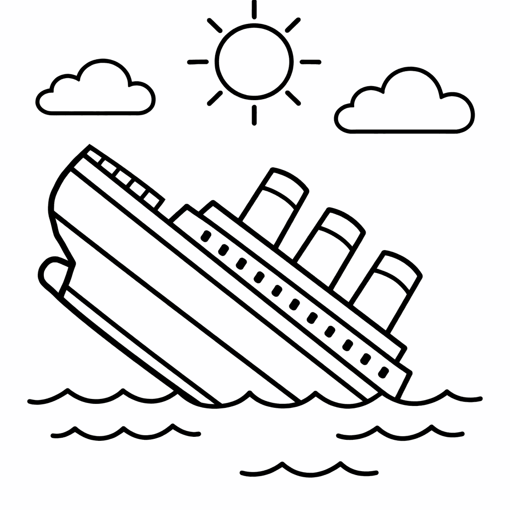 Free printable coloring page: Titanic Next To A Tall Lighthouse, With Coast…, for ages 3-6