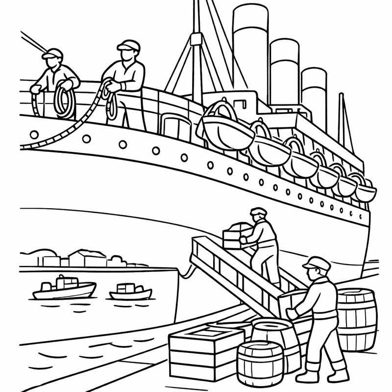 Free printable coloring page: Titanic At Dock Before Voyage, for ages 3-6