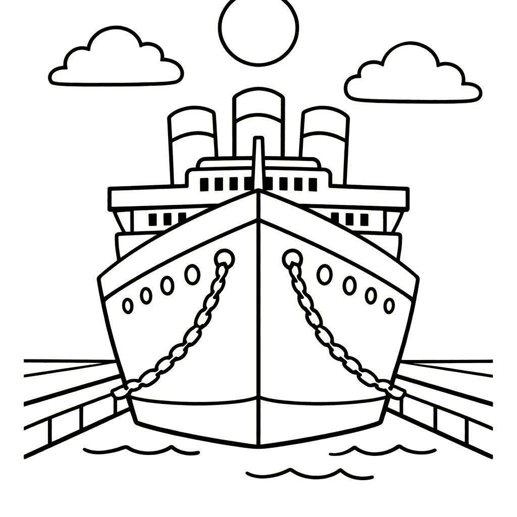 Free printable coloring page: Titanic Sailing Past A Rainbow With Cheerful Weather., for ages 3-6