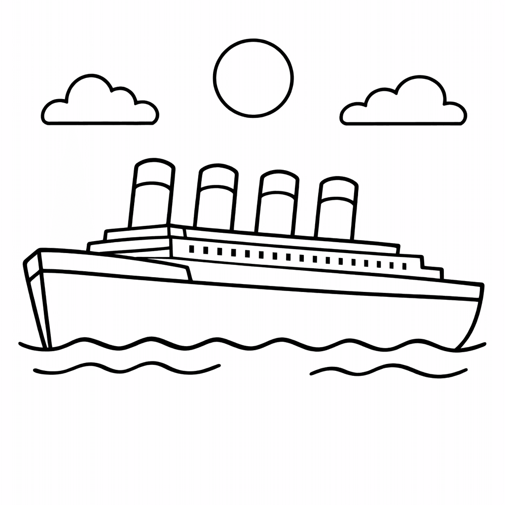 Free printable coloring page: Titanic Next To A Tall Lighthouse, With Coast…, for ages 3-6