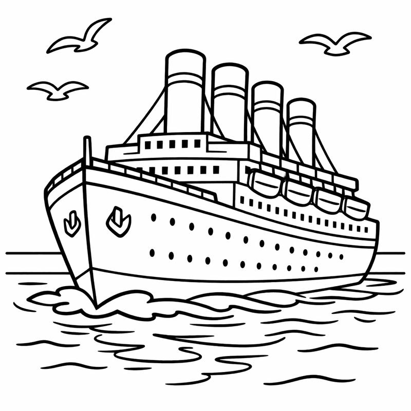 Free printable coloring page: Children Holding Hands, Exploring Titanic's Deck Together., for ages 3-6