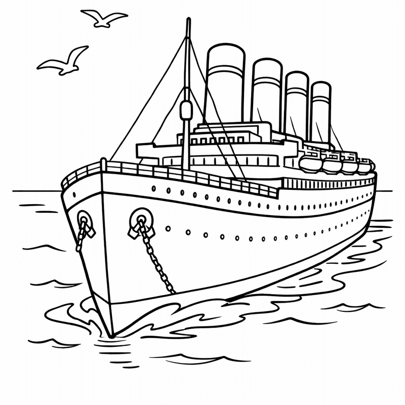 Free printable coloring page: Titanic Sailing Proudly On Calm Seas With Seagulls…, for ages 3-6