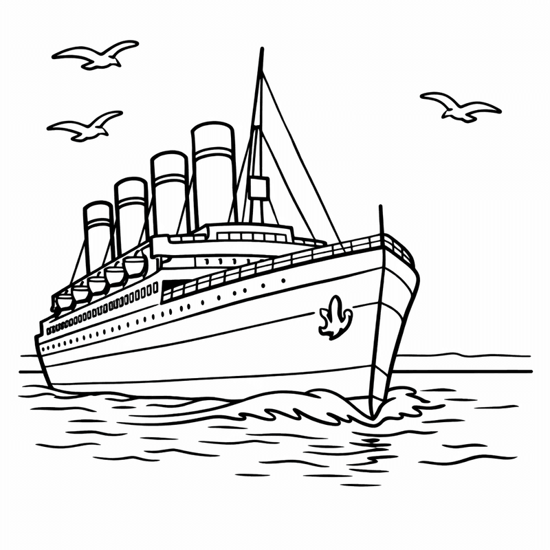 Free printable coloring page: Titanic Side View With Four Funnels, for ages 3-6