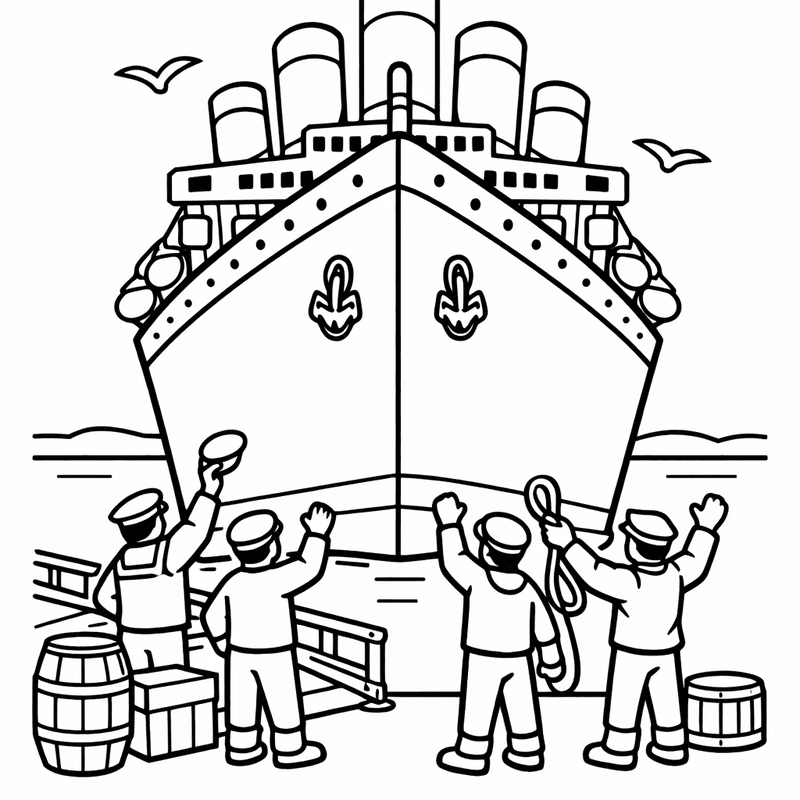 Free printable coloring page: Titanic Sailing Past An Island With Palm Trees…, for ages 3-6