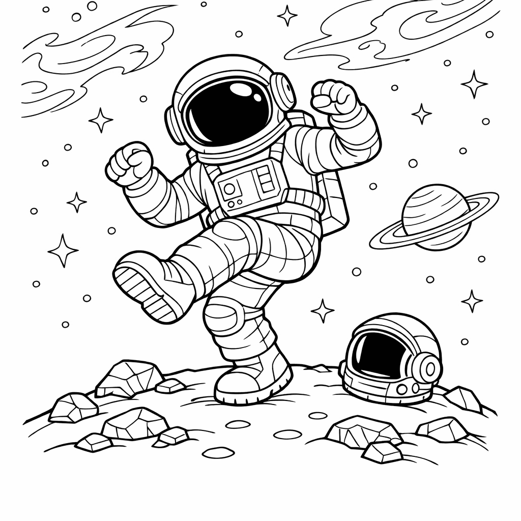 Free printable coloring page: An Astronaut Floats Joyfully Above The Moon's Surface,…, for ages 7-12