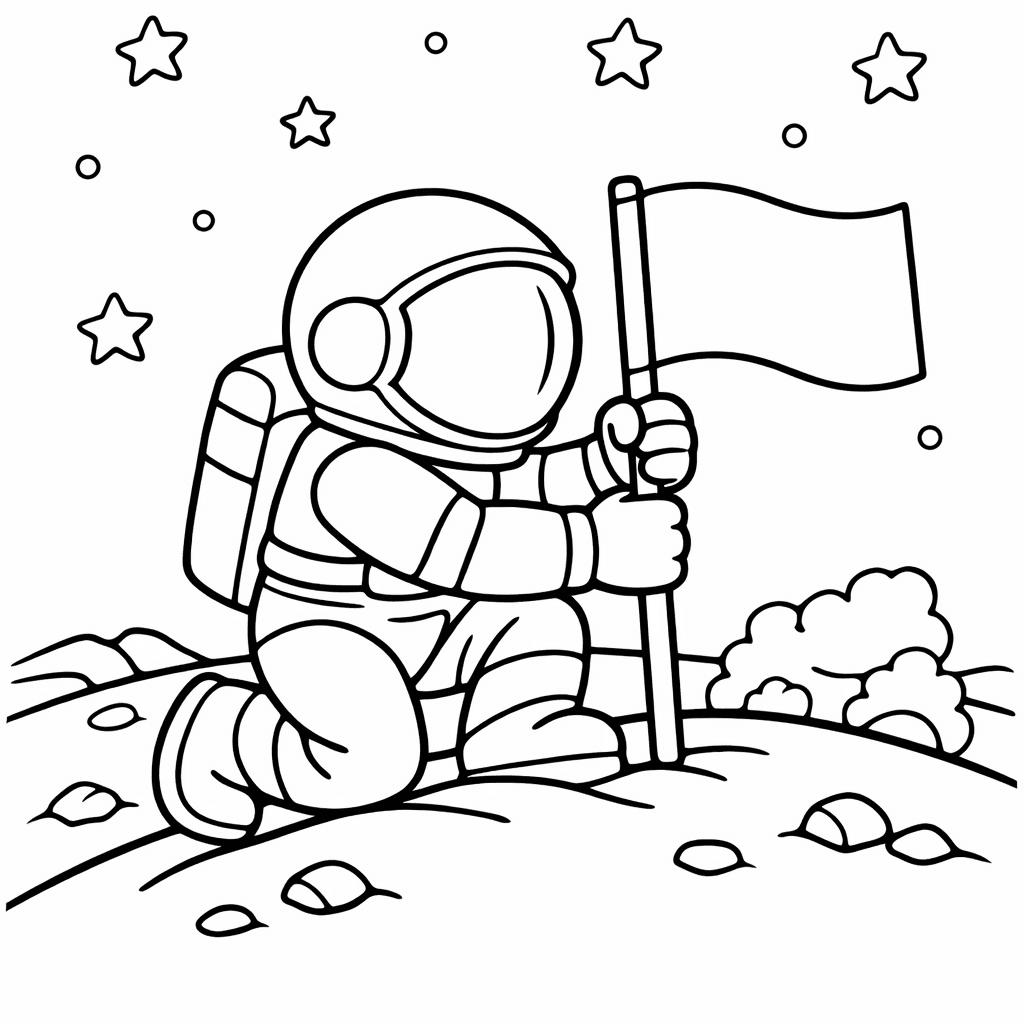 Free printable coloring page: An Astronaut Enjoys A Leisurely Picnic On The…, for ages 3-6