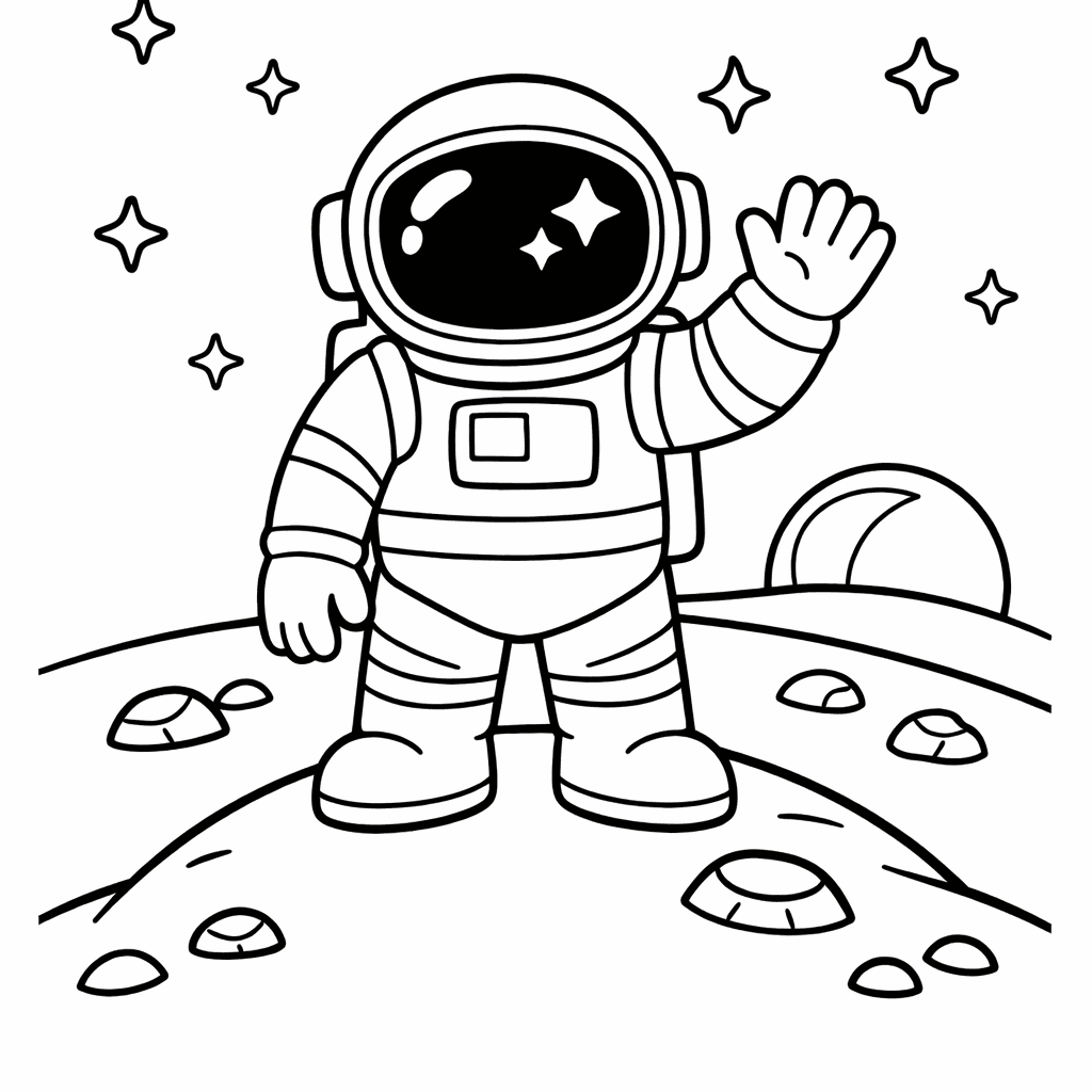Free printable coloring page: An Astronaut Floats Joyfully Above The Moon's Surface,…, for ages 3-6