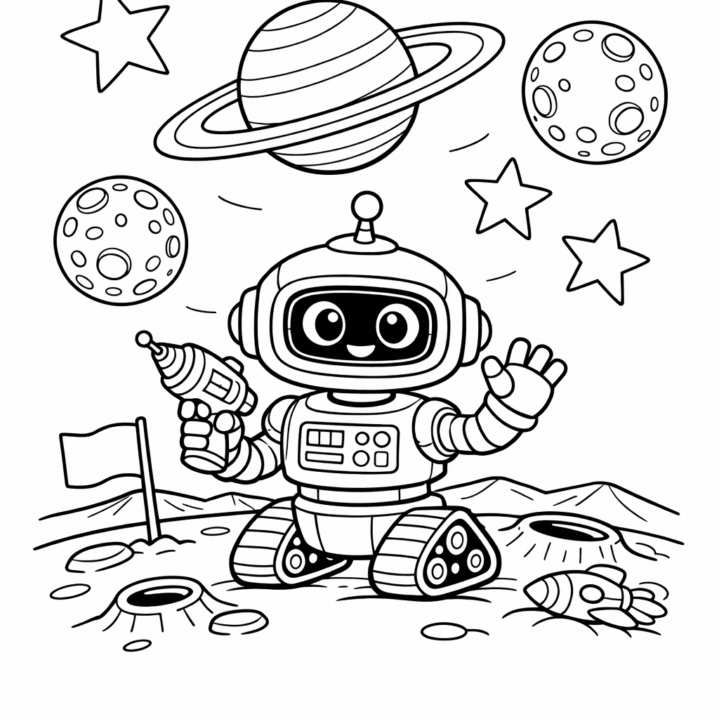 Free printable coloring page: A Cheerful Robot With Big Eyes Is Bouncing…, for ages 7-12