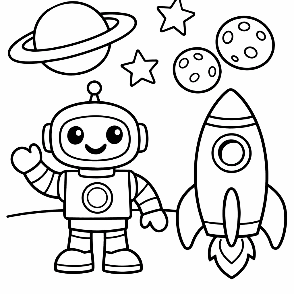 Free printable coloring page: A Thoughtful Robot Sits On A Crater's Edge,…, for ages 3-6