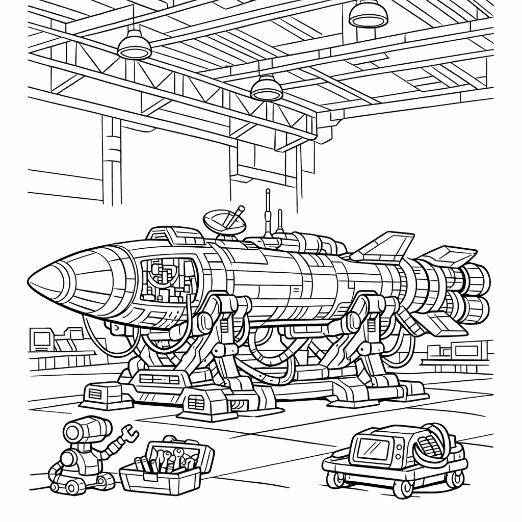 Free printable coloring page: A Whimsical Rocket Hovers In A Cosmic Playground…, for ages 7-12