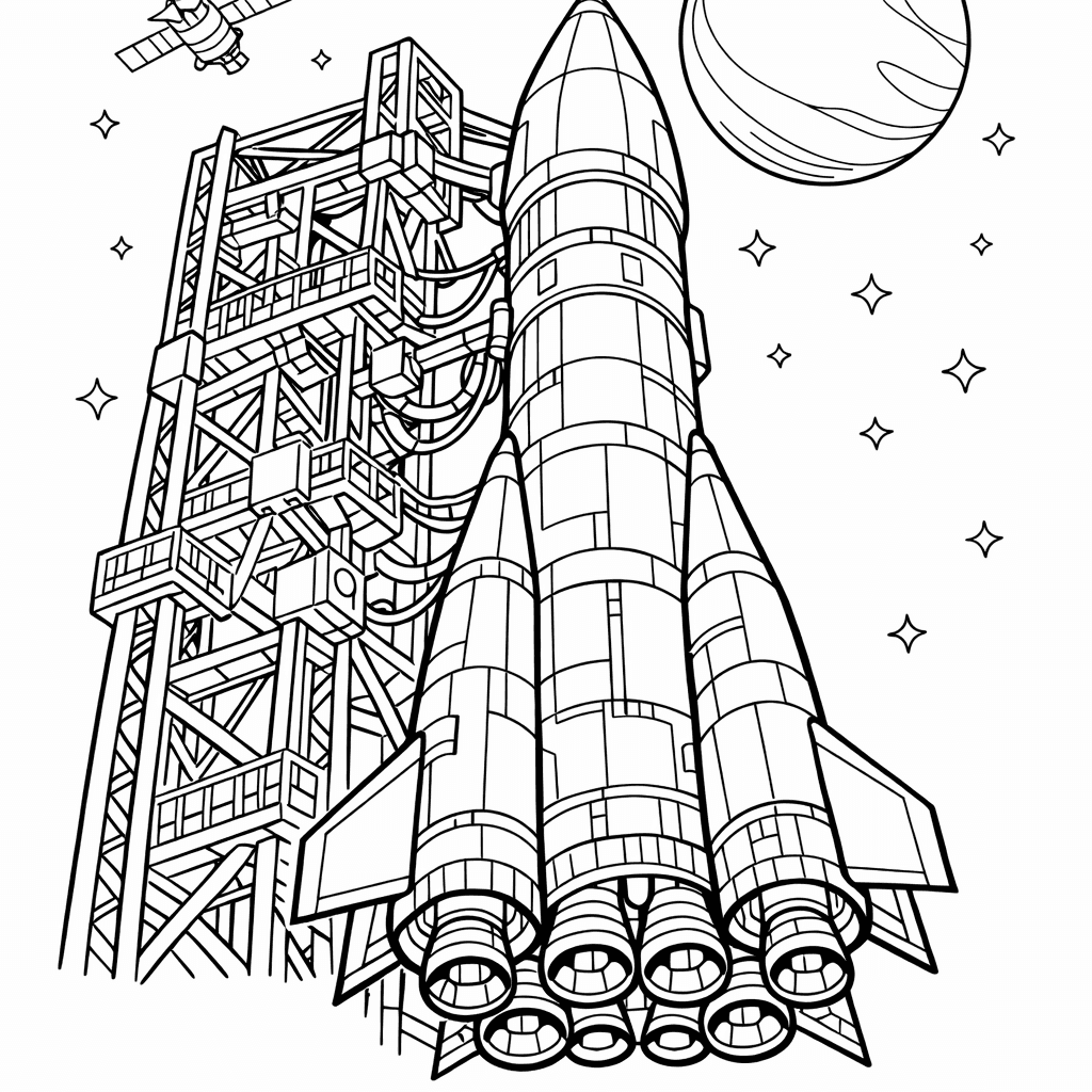 Free printable coloring page: A Tall, Vibrant Rocket Blasts Off From A…, for ages 7-12