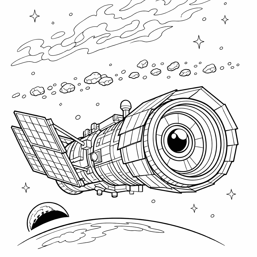 Free printable coloring page: A Small Satellite Races Through Outer Space, Playfully…, for ages 7-12