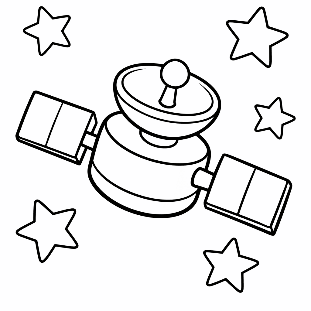 Free printable coloring page: A Small Satellite Races Through Outer Space, Playfully…, for ages 3-6