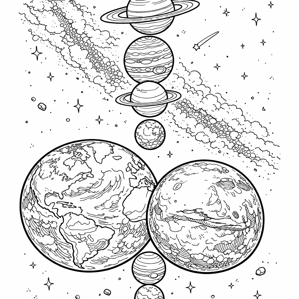 Free printable coloring page: Planets In Orbit, for ages 7-12