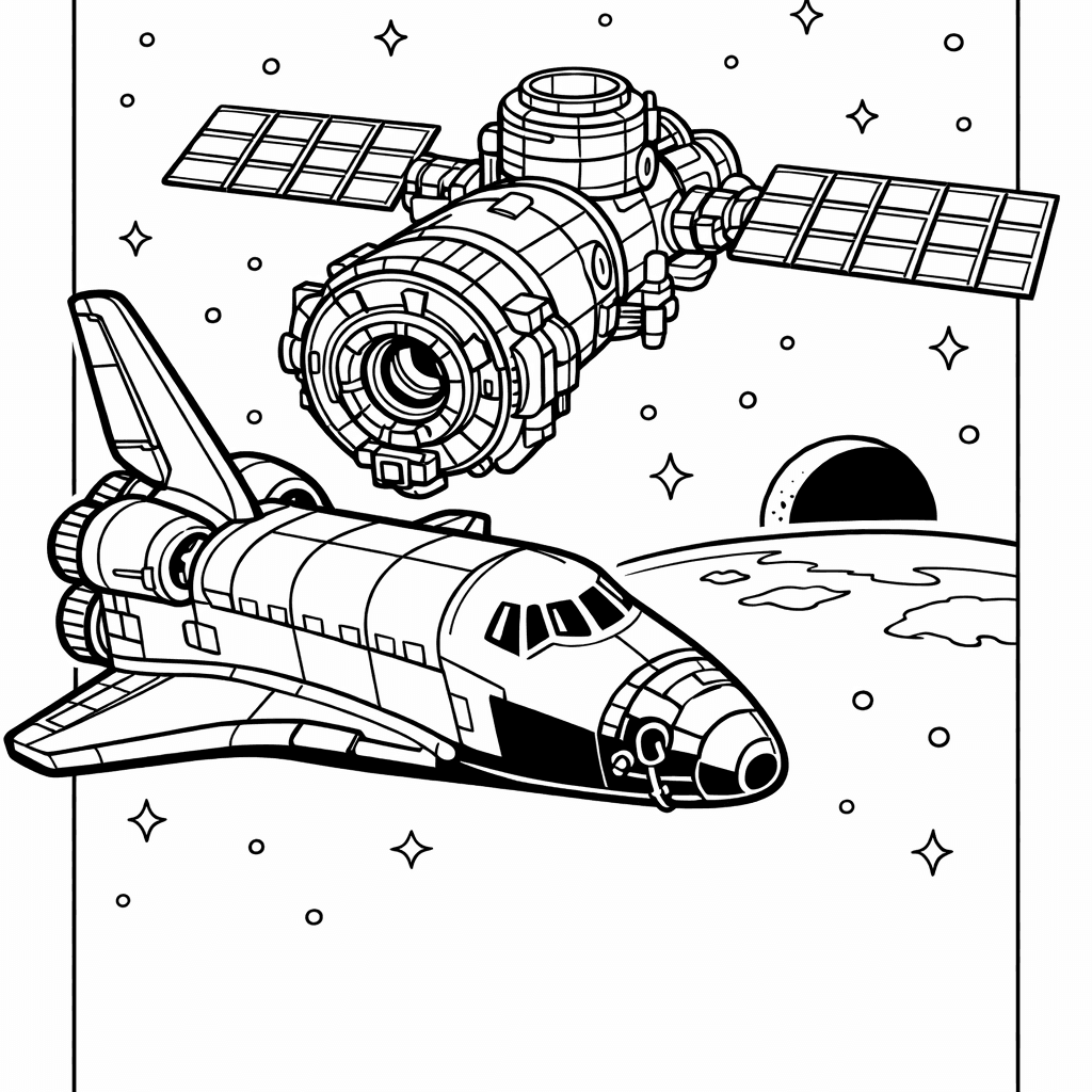 Free printable coloring page: A Whimsical Space Shuttle Floats Above A Rainbow-colored…, for ages 7-12
