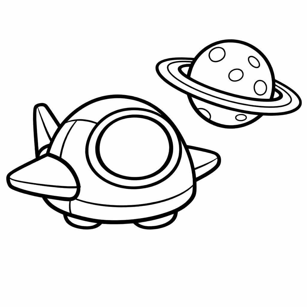Free printable coloring page: A Shiny Silver Spaceship Hovers Above A Colorful…, for ages 3-6