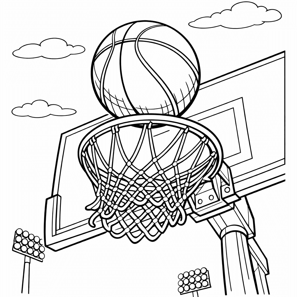 Free printable coloring page: Basketball And Hoop, for ages 7-12