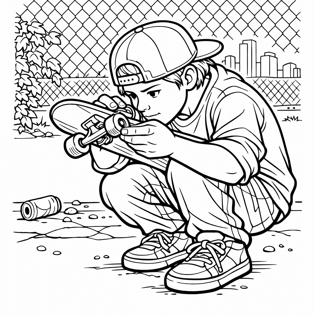 Free printable coloring page: Object Only: A Cute Skateboard With Clean Outlines, No Background, for ages 7-12