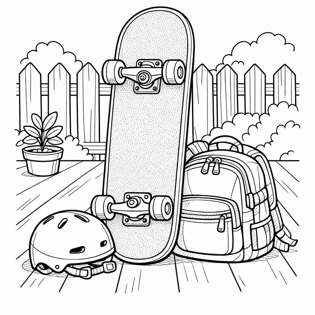 Free printable coloring page: Skater And Board, for ages 3-6