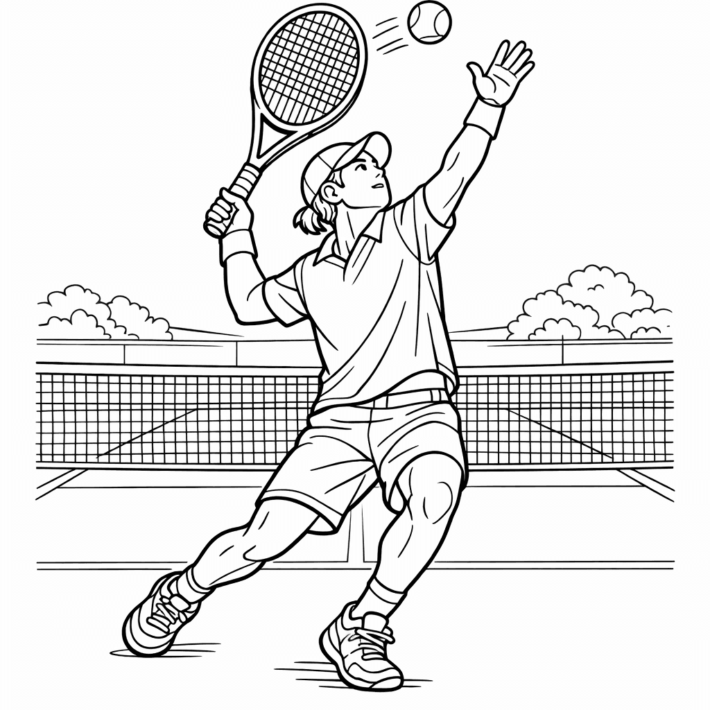 Free printable coloring page: Tennis Serve, for ages 7-12