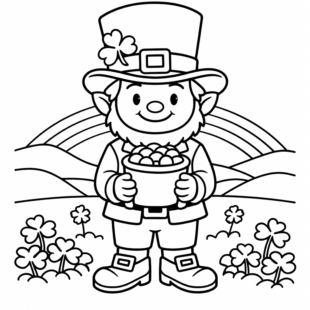 Free printable coloring page: Leprechaun And Rainbow, for ages 3-6