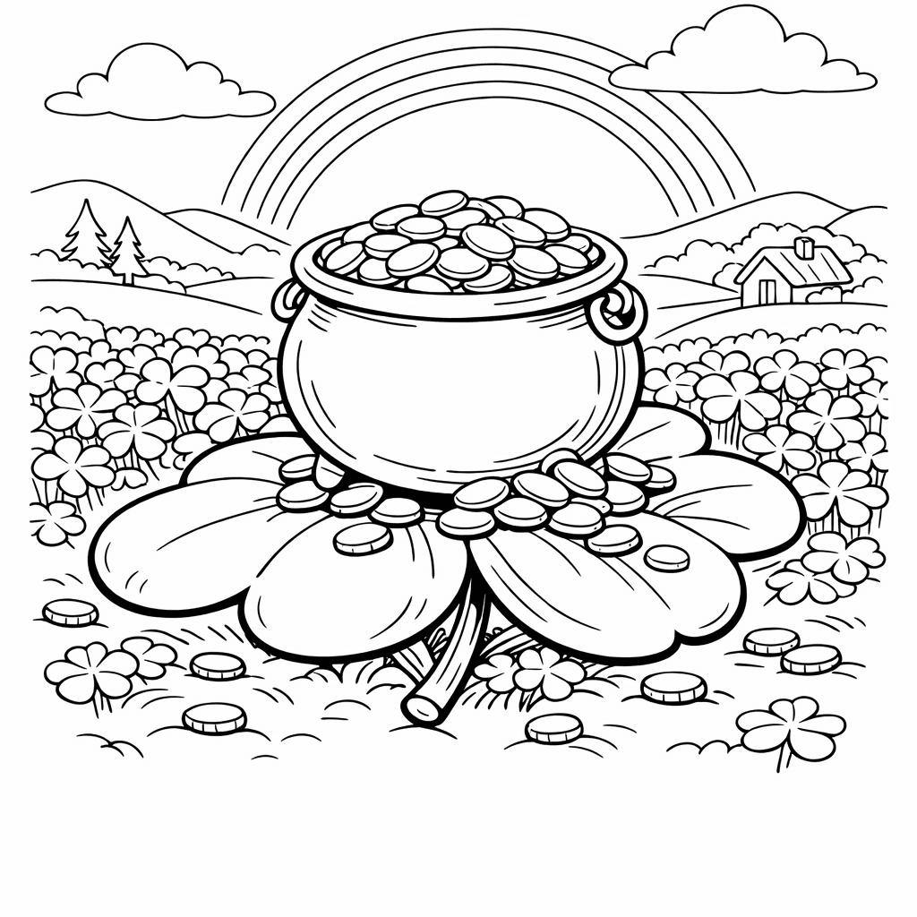 Free printable coloring page: Object Only: A Cute Pot Of Gold With…, for ages 7-12
