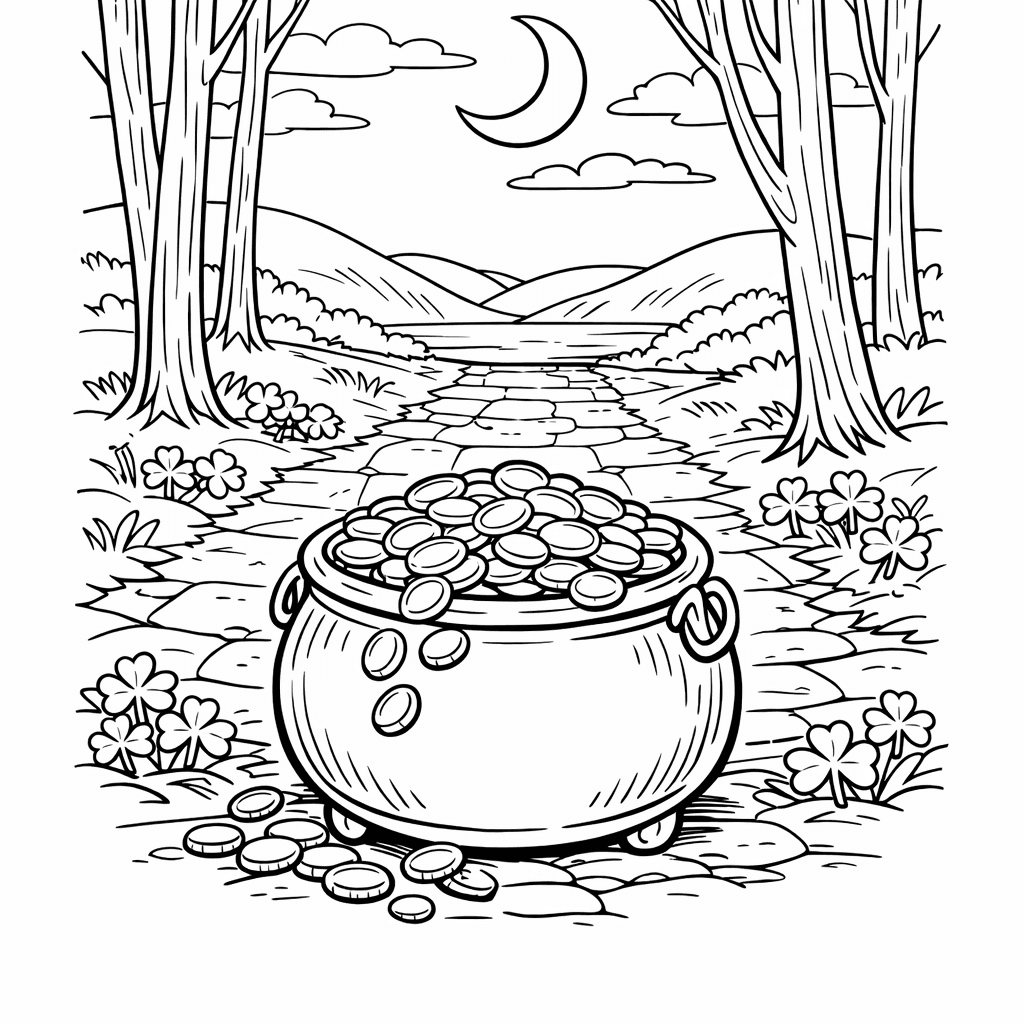Free printable coloring page: Pot And Rainbow, for ages 7-12