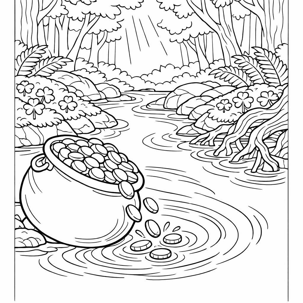 Free printable coloring page: Pot At Rainbow End, for ages 7-12