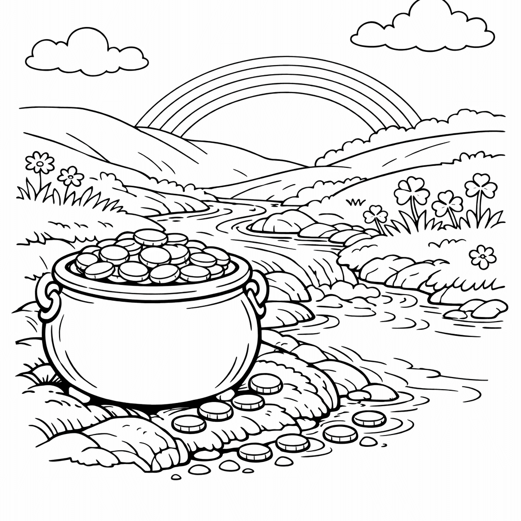 Free printable coloring page: Pot And Coins, for ages 7-12