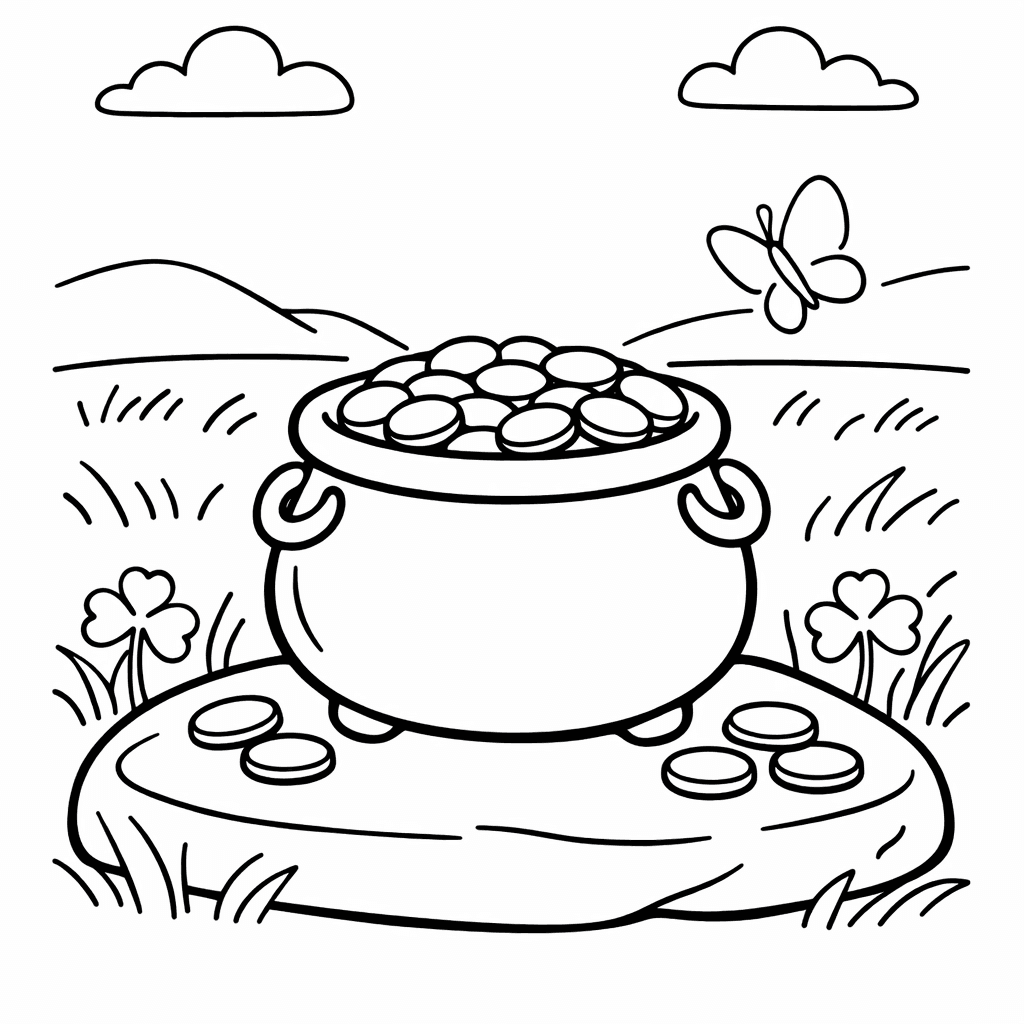 Free printable coloring page: Pot Of Gold, for ages 3-6