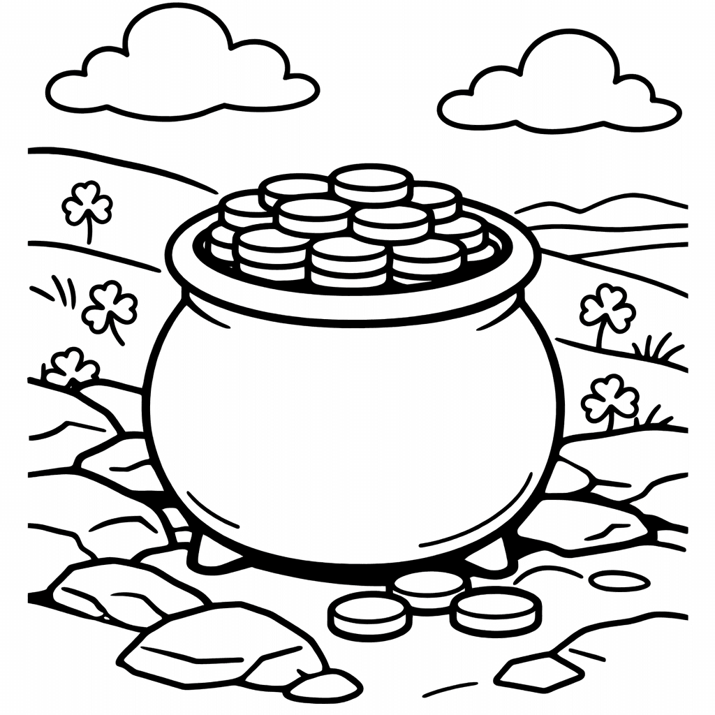 Free printable coloring page: Pot And Gold Coins, for ages 3-6