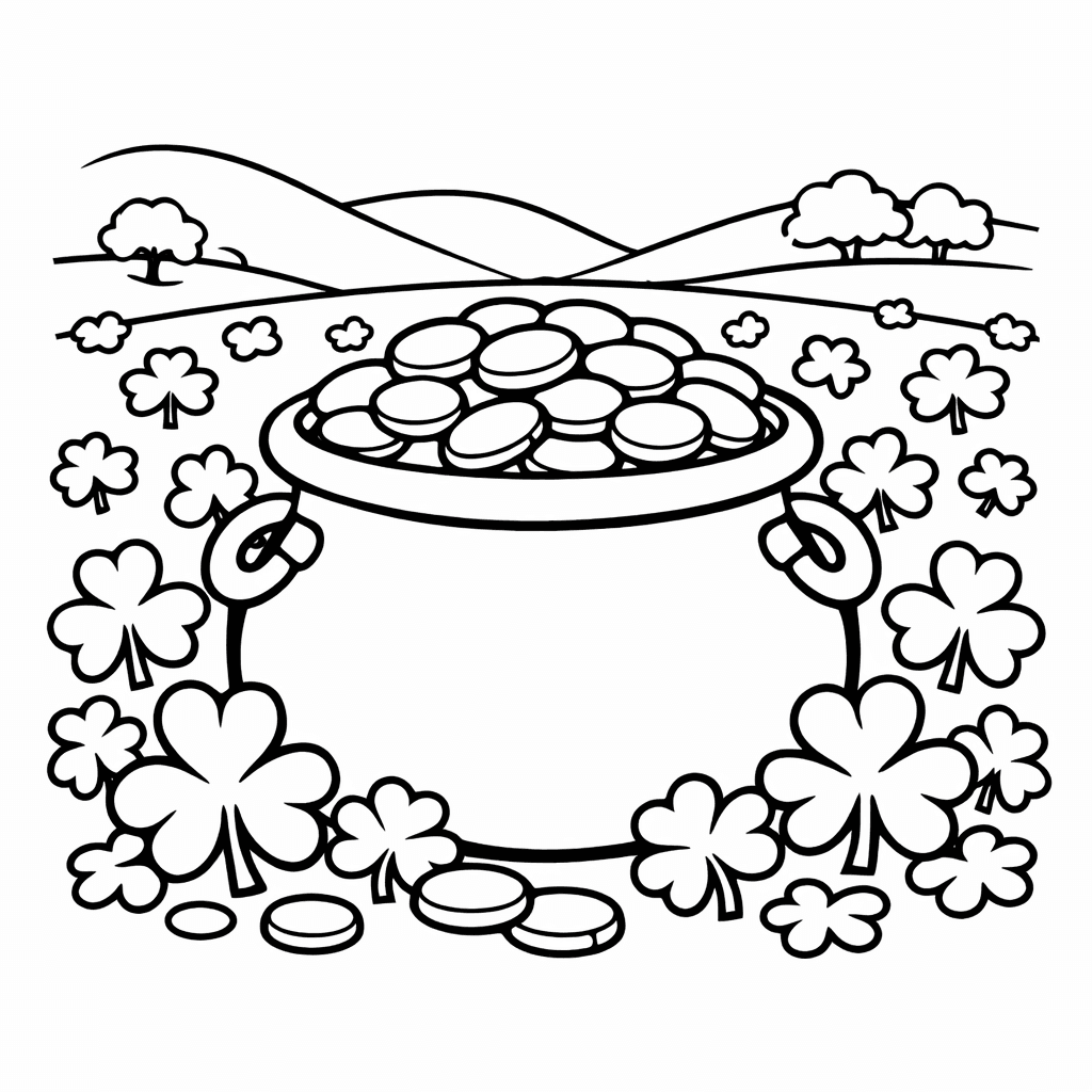 Free printable coloring page: Pot And Gold Coins, for ages 3-6