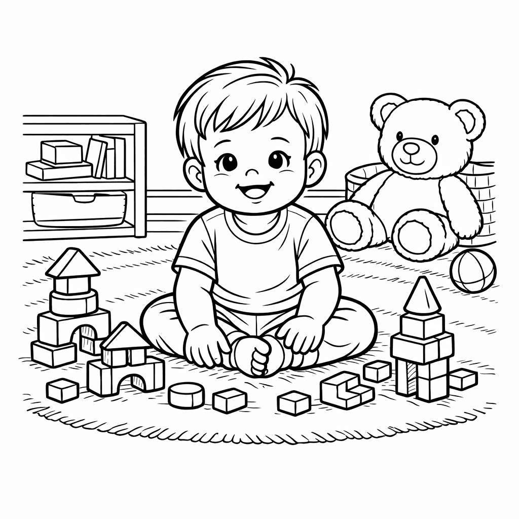 Free printable coloring page: Blocks And Child, for ages 7-12