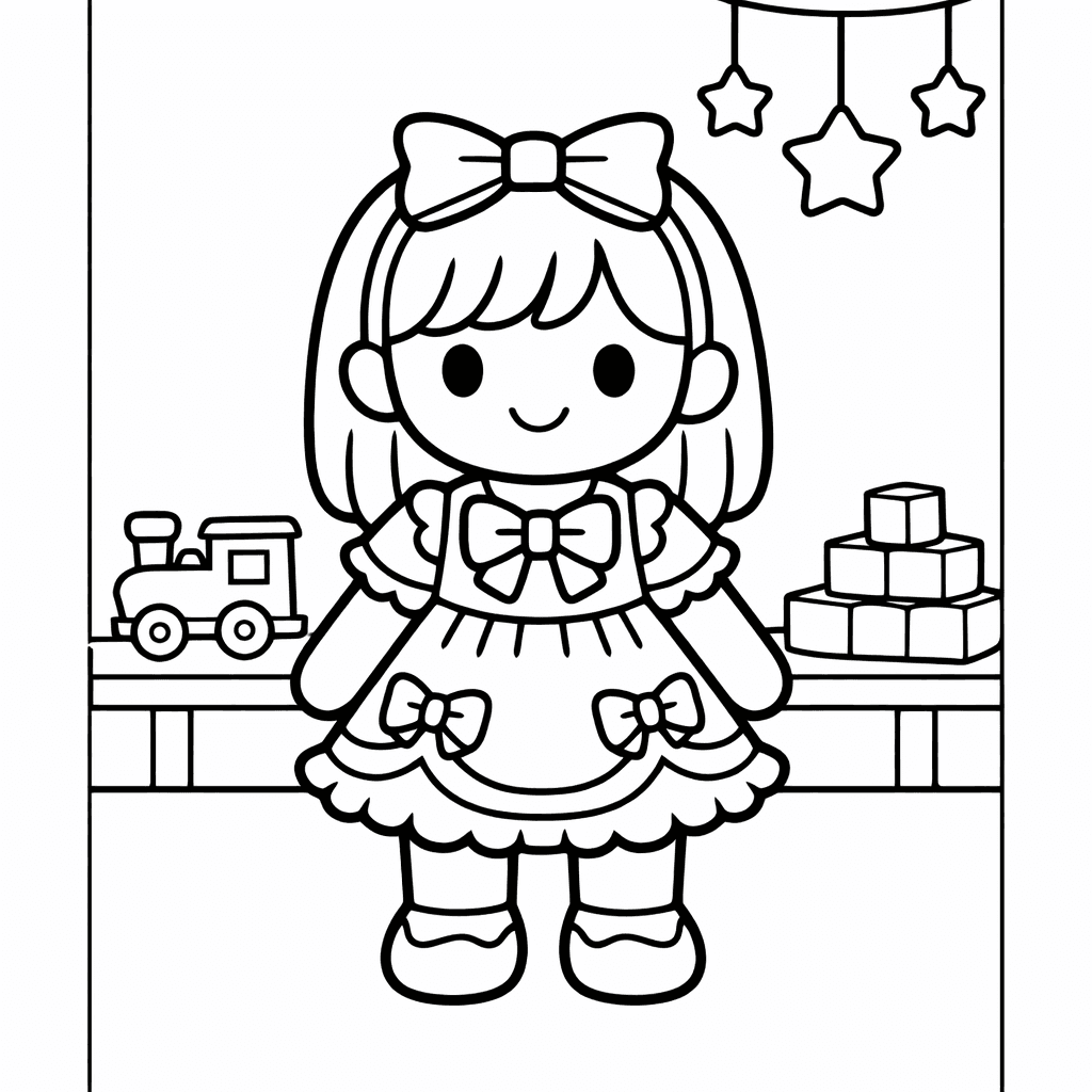 Free printable coloring page: Doll Sitting, for ages 3-6
