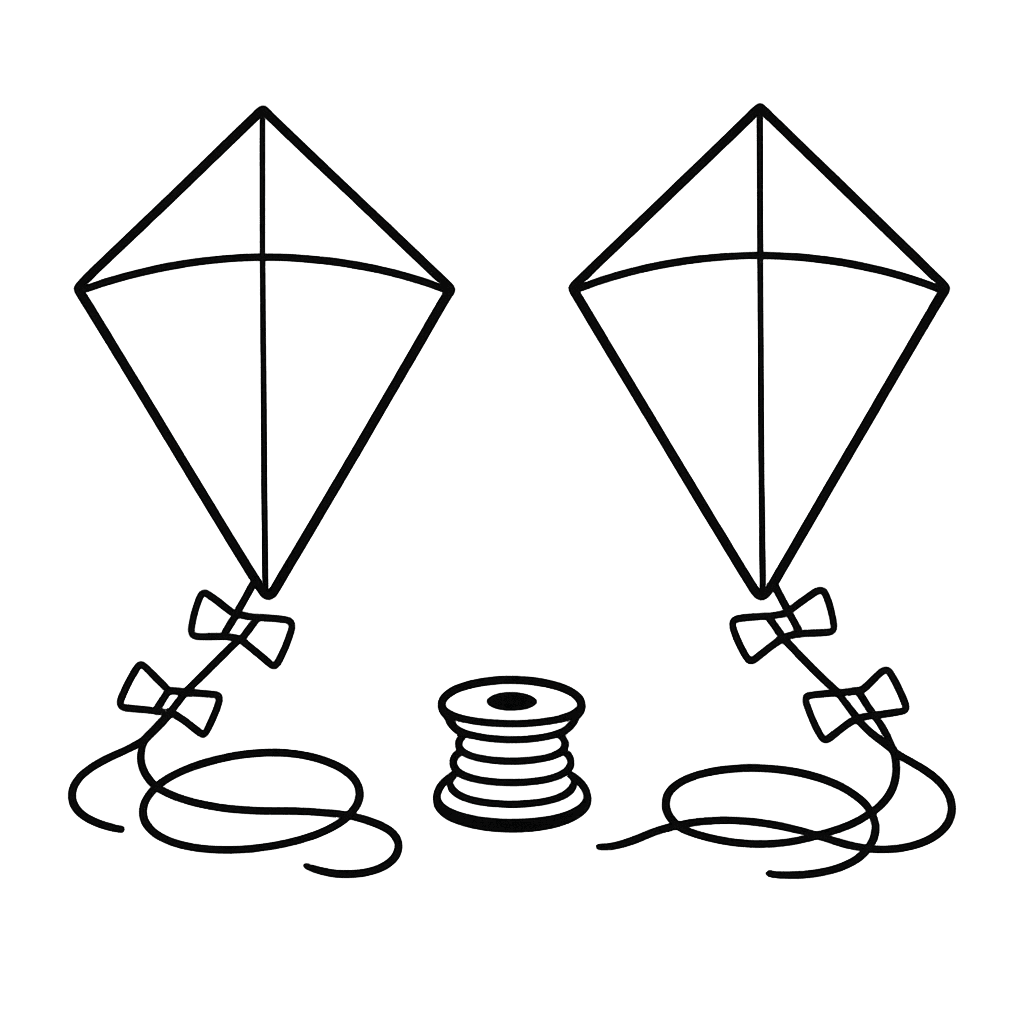 Free printable coloring page: Kite Flying, for ages 3-6