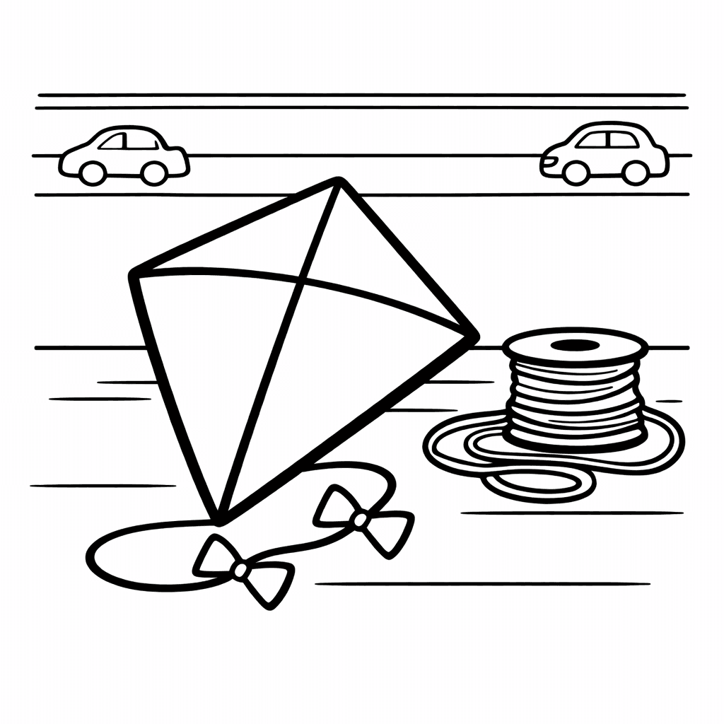 Free printable coloring page: Kite And String, for ages 3-6