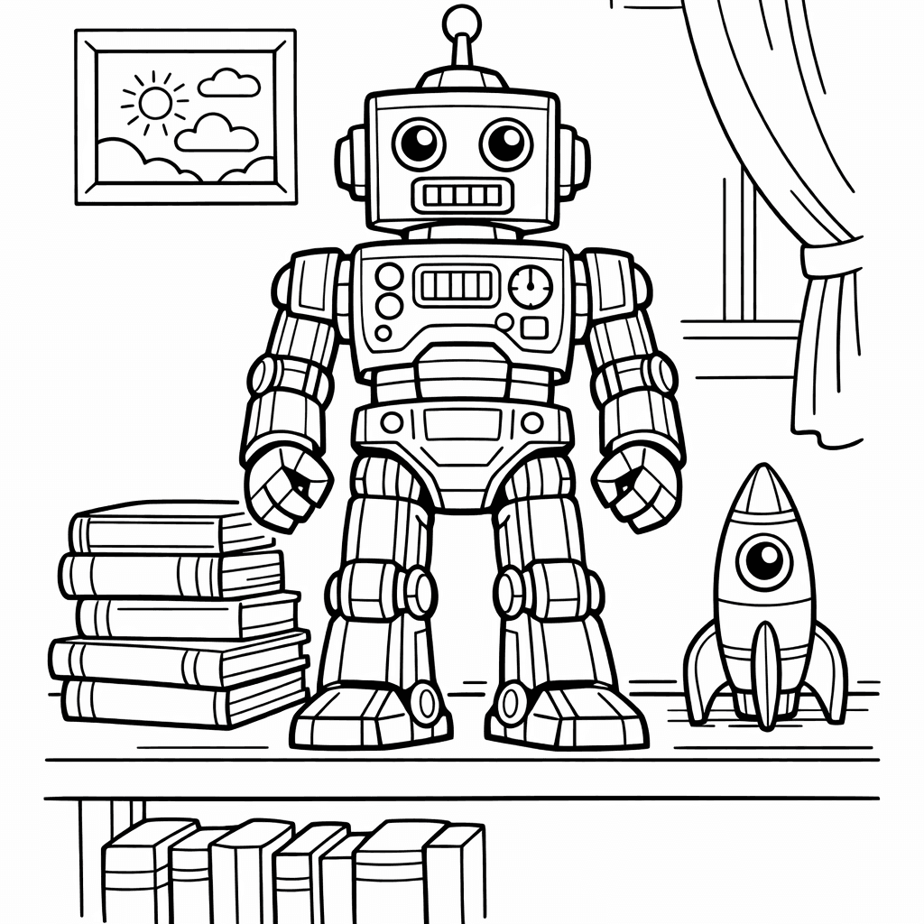 Free printable coloring page: Robot Toy And Gears, for ages 7-12