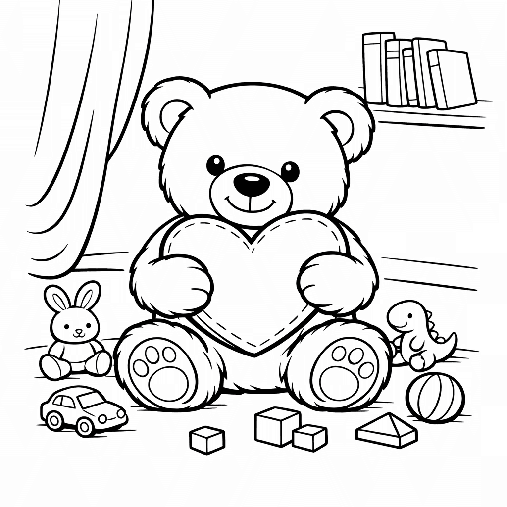 Free printable coloring page: Teddy And Heart, for ages 7-12