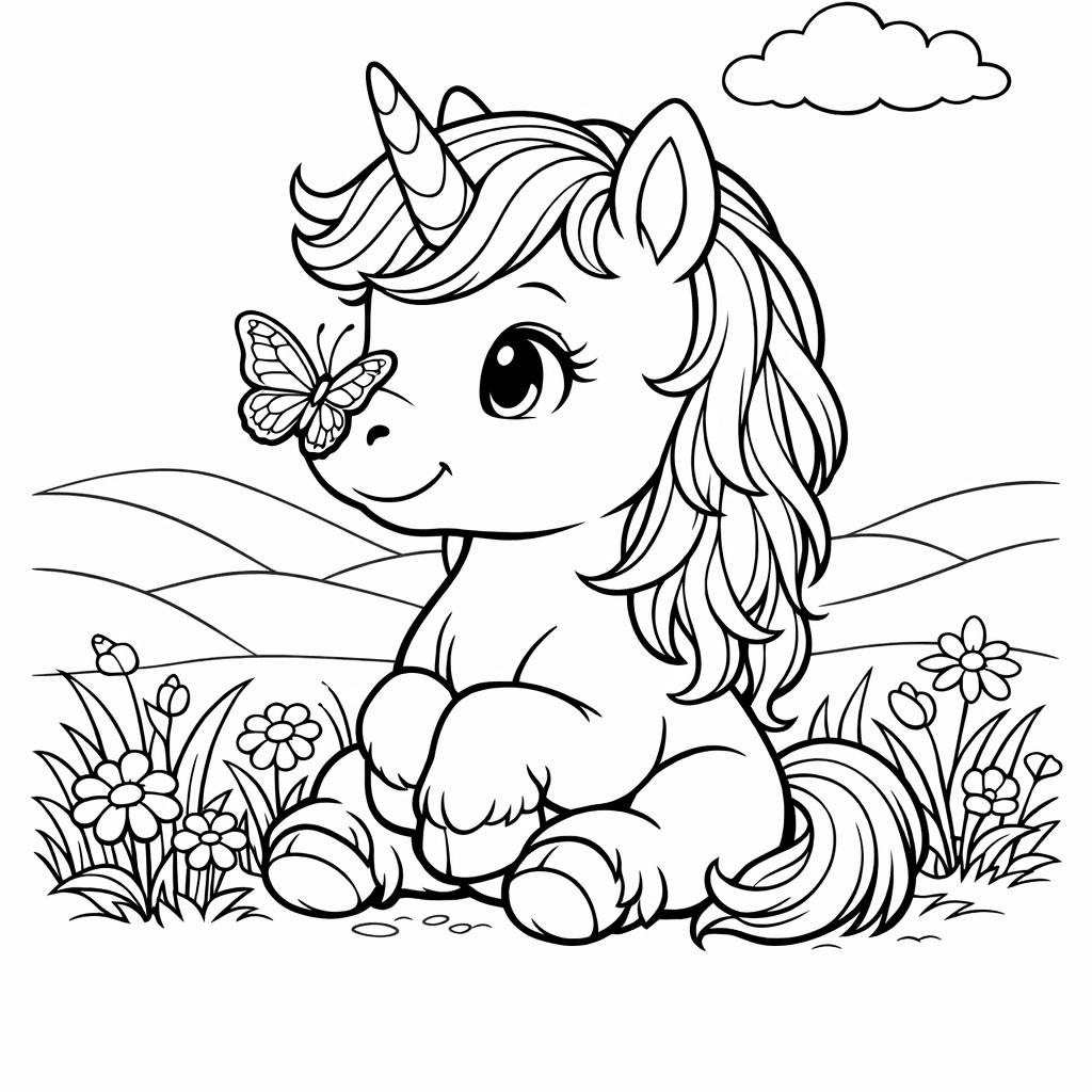 Free printable coloring page: Object Only: A Cute Baby Unicorn With Clean Outlines, No Background, for ages 7-12