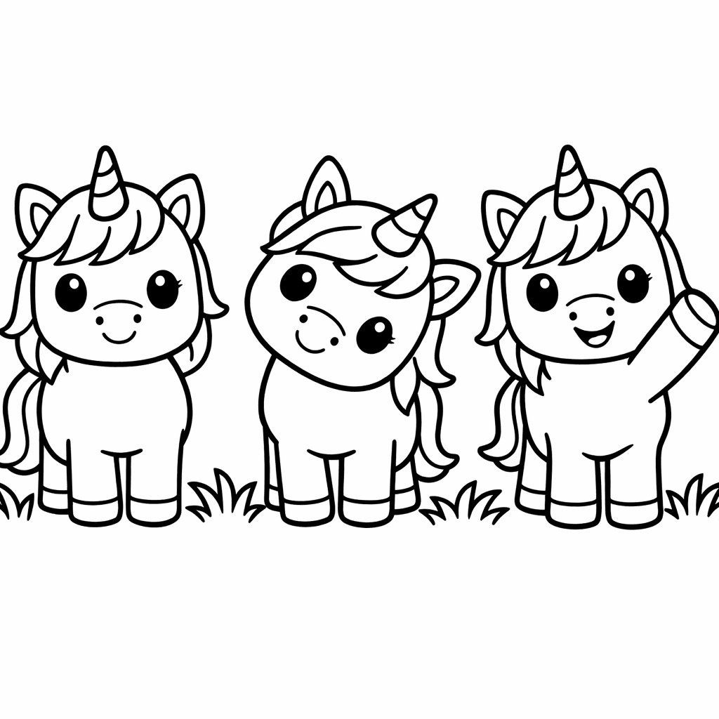 Free printable coloring page: Object Only: Two Or Three Baby Unicorns Side By Side, Simple And Adorable, No Background, for ages 3-6