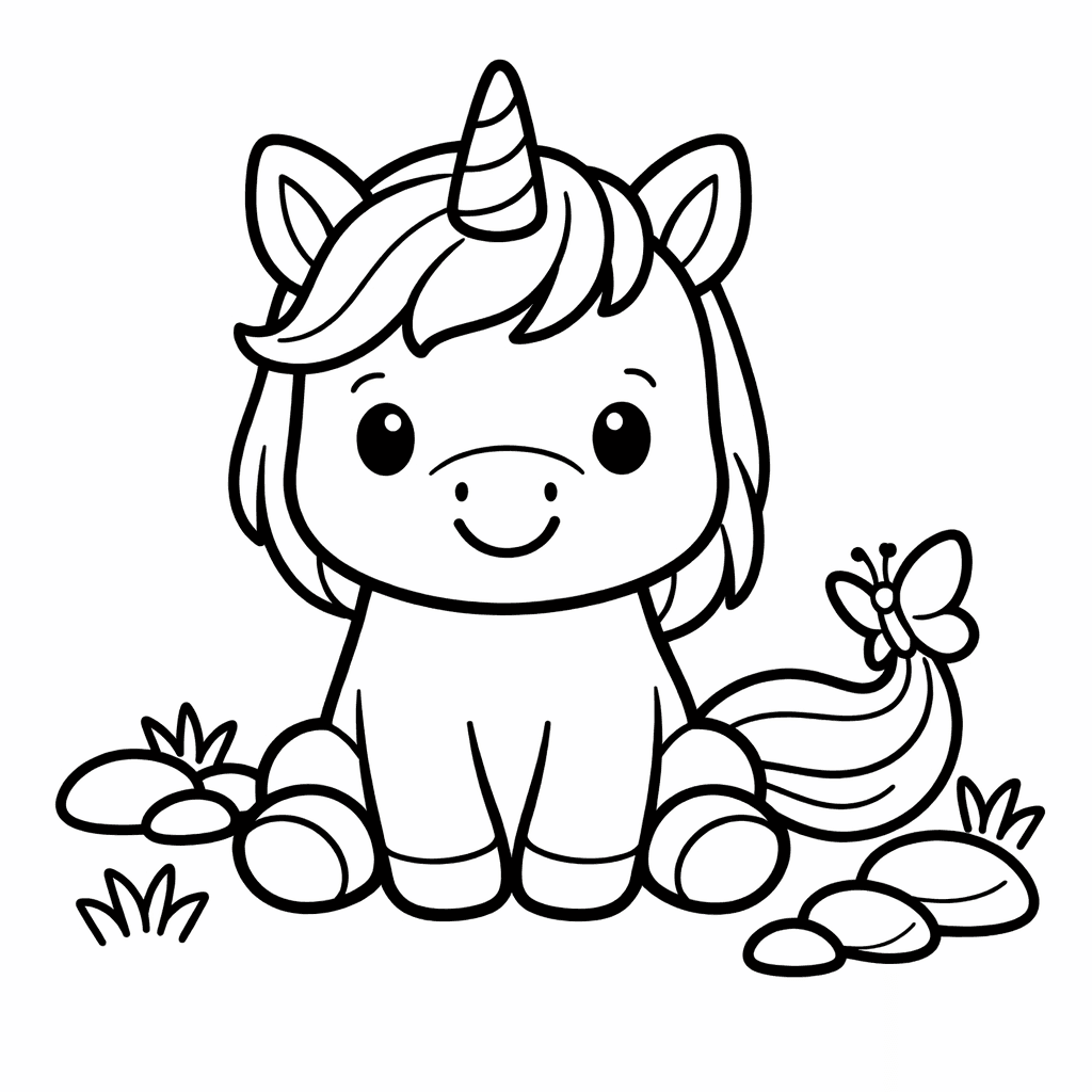 Free printable coloring page: Baby Unicorn Sitting, for ages 3-6