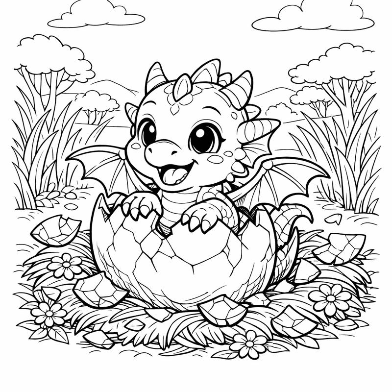 Free printable coloring page: A Cute Baby Dragon Hatching From An Egg, for ages 7-12