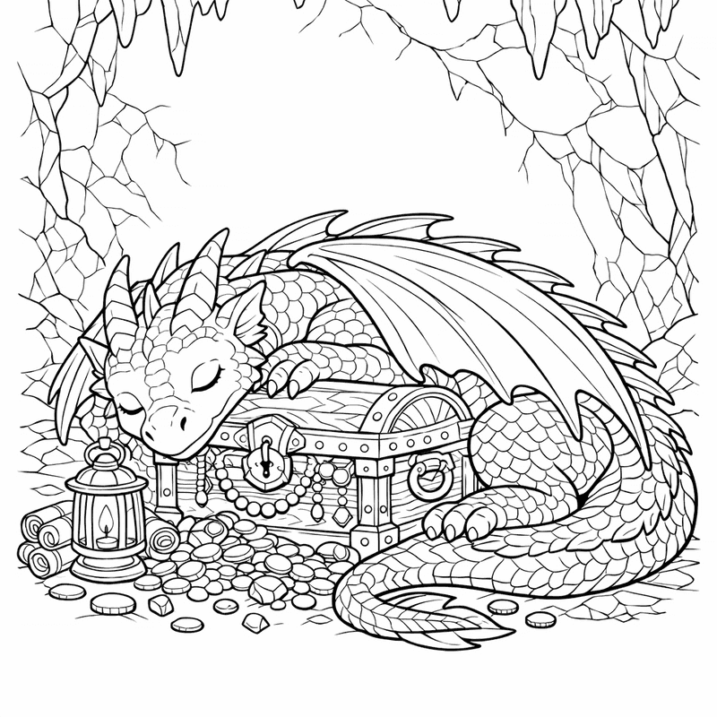 Free printable coloring page: A Friendly Dragon Reading A Book In Its…, for ages 7-12