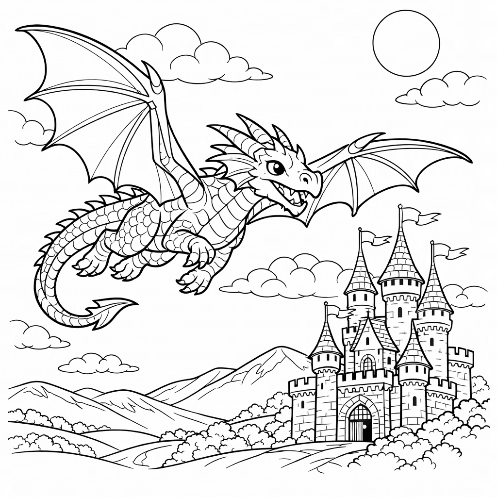 Free printable coloring page: A Baby Dragon Playing With A Knight Toy, for ages 7-12